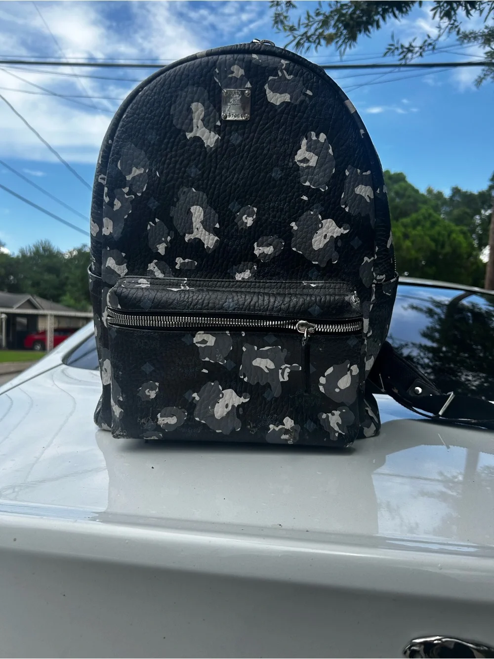 MCM Black Backpack with Gray & White Camo Accents